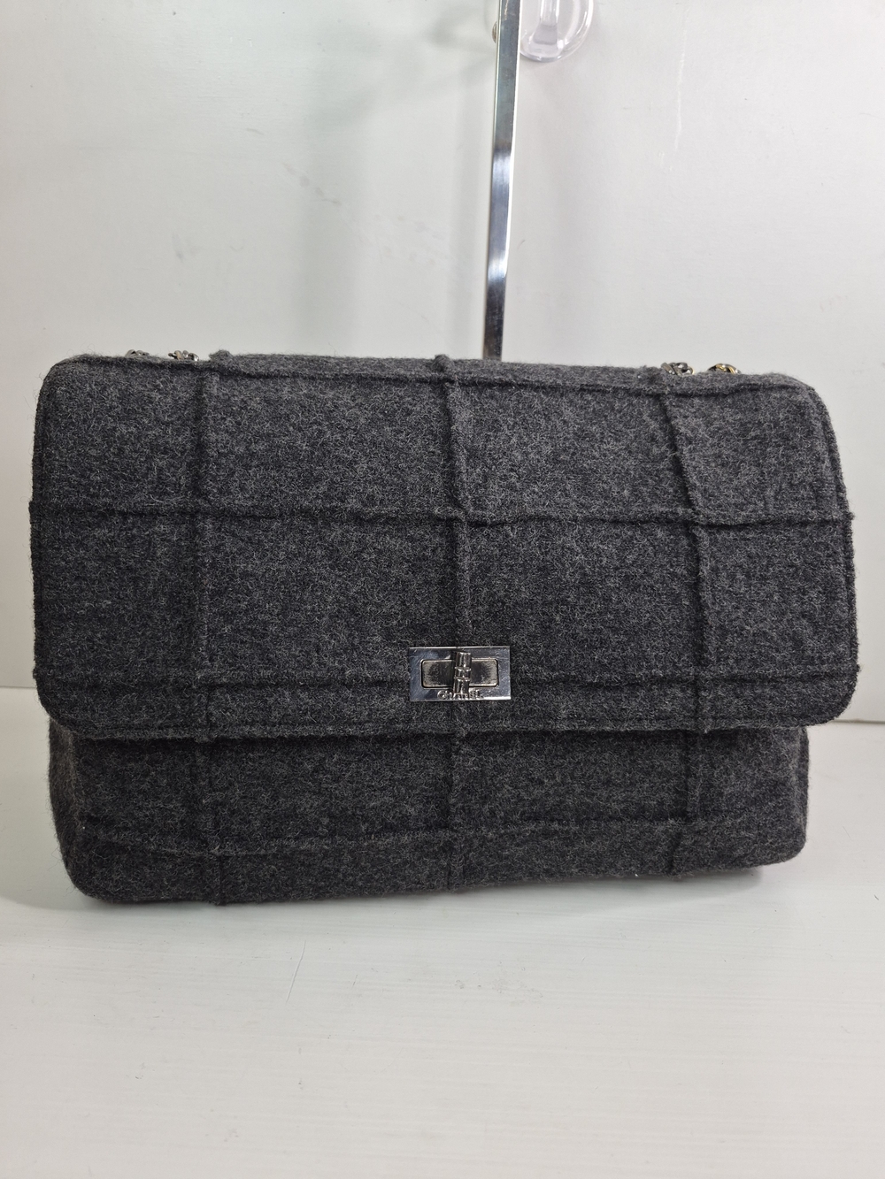 CHANEL Dark Gray Quilted Wool Flap Shoulder Bag